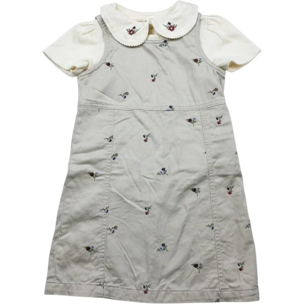 McKids Girls 4 Tusk Beige Floral Embroidered Jumper Dress Set Peter Pan Collar